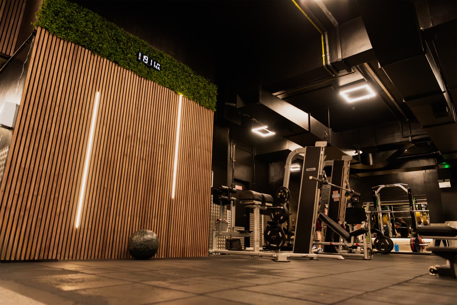Avoya's gym floor: timber-slat walls, planting and warm light