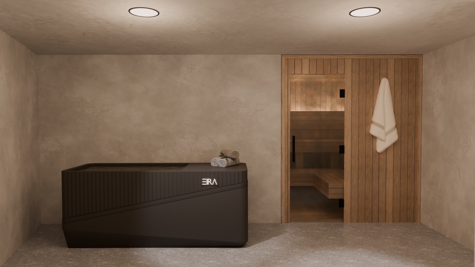 Design render of the Avoya recovery suite: the ice bath beside the Finnish sauna door